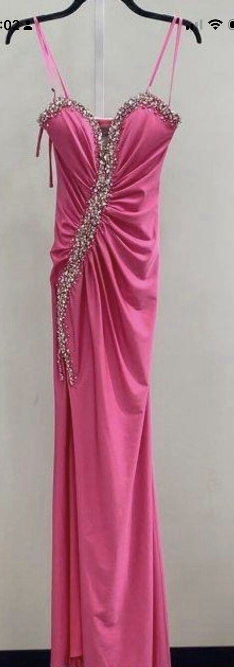 Abby Paris Hot Pink Long Ball Gown Prom Formal Dress Ruched Rhinestones Small 2